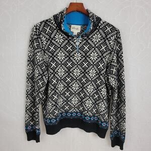Telluride Sweater Girls XL Black White Lambswool Fair Isle Snowflake 1/4 Zip